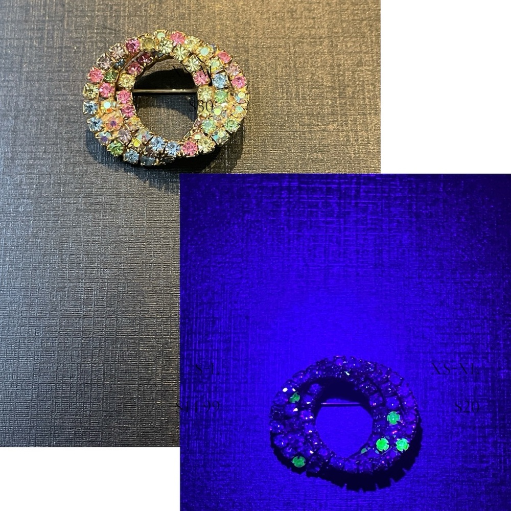 Glowing Multicolor Crystal Circle Brooch Pin Vintage 3 Circles Pastel Spring